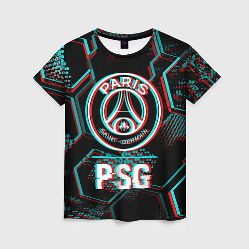 Женская футболка PSG FC в стиле glitch на темном фоне / 3D-принт – фото 1