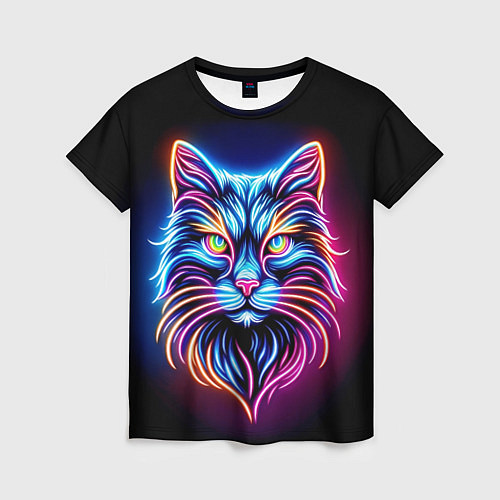 Женская футболка Суровый неоновый кот / 3D-принт – фото 1