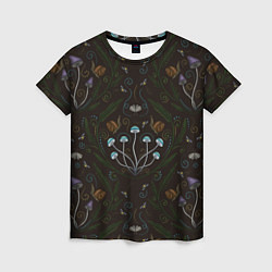 Женская футболка Волшебный лес, грибы, улитки и мотыльки - паттерн