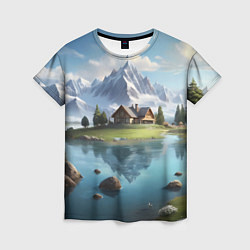 Женская футболка Чудесный день на берегу озера в горах