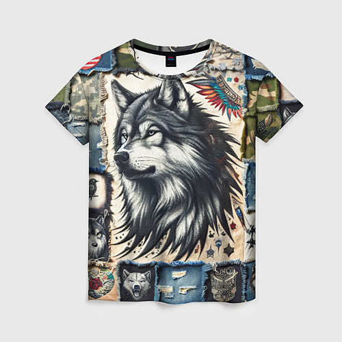 Женская футболка Волк на дениме Пэчворк / 3D-принт – фото 1