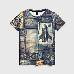 Женская футболка Космический корабль - пэчворк