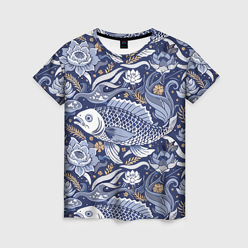 Женская футболка Рыба карп - синий корейский узор / 3D-принт – фото 1