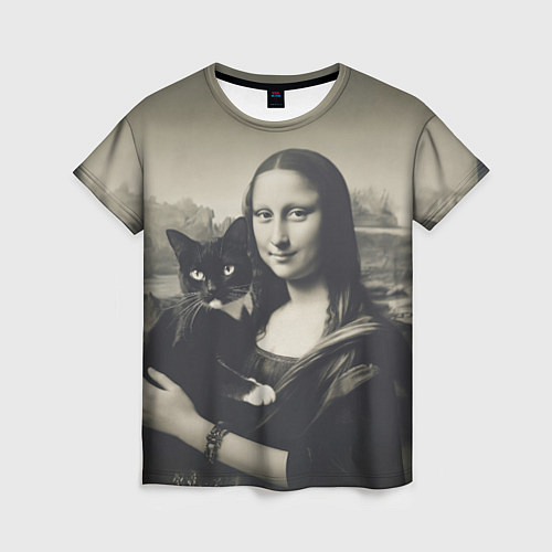 Женская футболка Мона Лиза держит кота в черно белом цвете / 3D-принт – фото 1