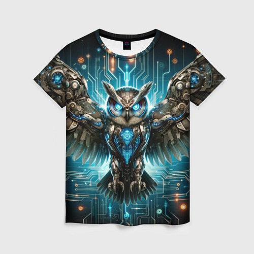 Женская футболка Величественная кибернетическая сова на фоне футури / 3D-принт – фото 1