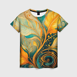 Женская футболка Золотые и бирюзовые листья абстракция