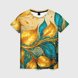 Женская футболка Листья абстрактные золото и бирюза