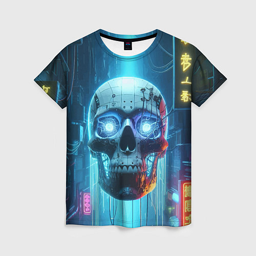 Женская футболка Cyber skull - neon glow ai art / 3D-принт – фото 1