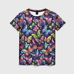 Женская футболка Бабочки в паттерне разноцветный яркий фон