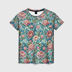 Женская футболка Пионы паттерном садовые крупные цветы