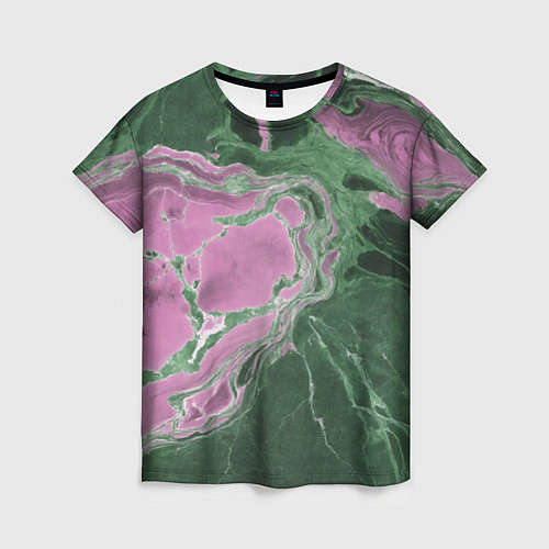 Женская футболка Мрамор темно-зеленый с розовым / 3D-принт – фото 1