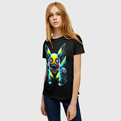 Футболка женская Pikachu and skeletons - neon glow ai art, цвет: 3D-принт — фото 2