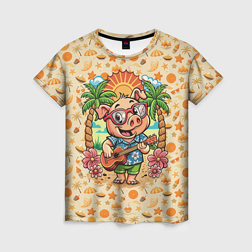 Женская футболка Свинка с гитарой жаркое лето / 3D-принт – фото 1