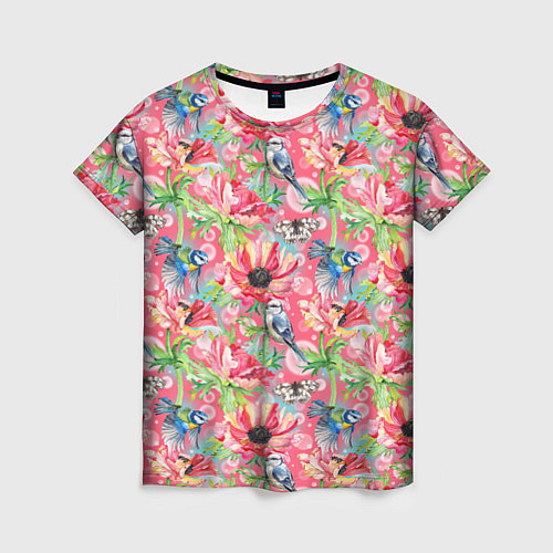 Женская футболка Синицы и маки на розовом / 3D-принт – фото 1