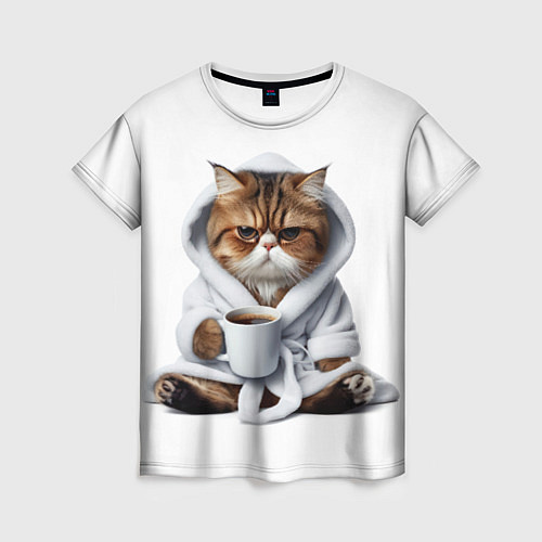 Женская футболка Котик в халате и кофе / 3D-принт – фото 1