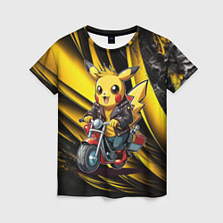 Женская футболка Пикачу на красном мотоцикле