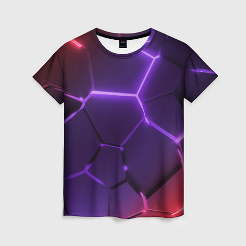 Женская футболка Красно-фиолетовые неоновые плиты в разломе / 3D-принт – фото 1
