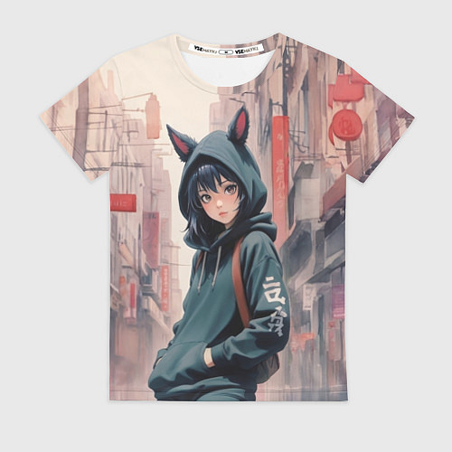 Женская футболка Девушка в худи с ушками / 3D-принт – фото 1