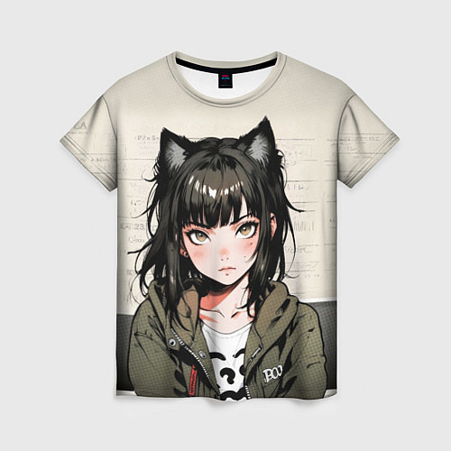 Женская футболка Девушка-кошка в болотной толстовке / 3D-принт – фото 1