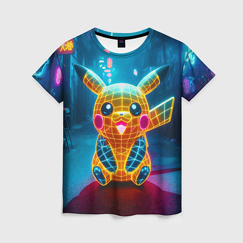 Женская футболка Полигональный неоновый Пикачу - нейроарт / 3D-принт – фото 1