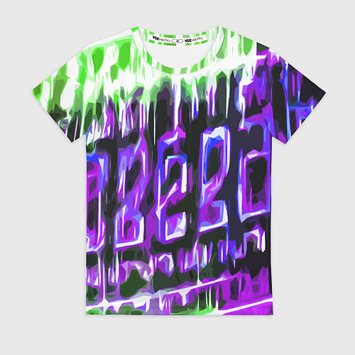 Женская футболка Фиолетово-зелёная абстракция на чёрном фоне / 3D-принт – фото 1