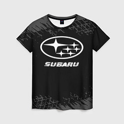 Женская футболка Subaru speed на темном фоне со следами шин