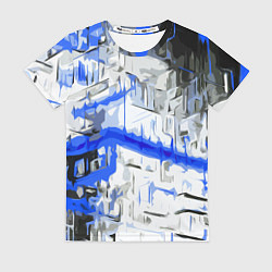 Женская футболка Сине-белая абстракция на чёрном фоне