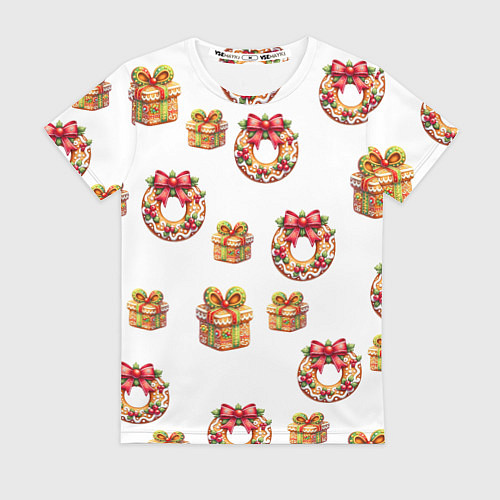 Женская футболка Много новогодних пончиков и подарков с бантиком и / 3D-принт – фото 1