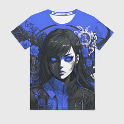 Женская футболка Девушка в стиле аниме в куртке на голубом фоне