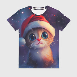 Футболка женская Котик новогодний в шапочке, цвет: 3D-принт