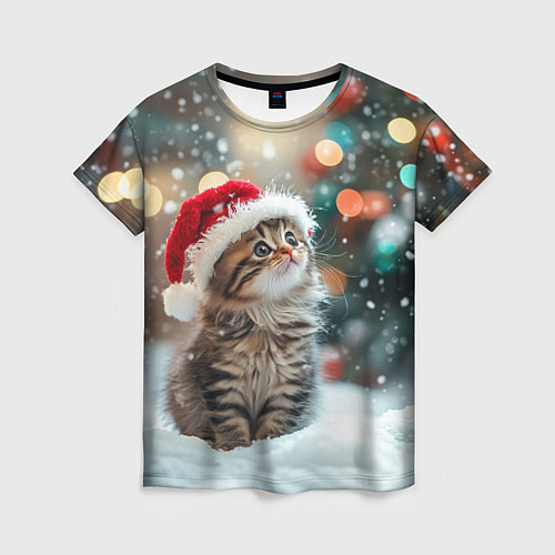 Женская футболка Новогодний котенок и снег / 3D-принт – фото 1