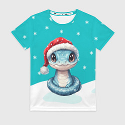 Женская футболка Новогодняя голубая змейка символ 2025