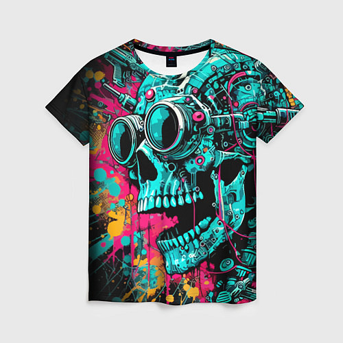 Женская футболка Cyber skull sketch - color blots / 3D-принт – фото 1