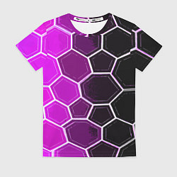 Футболка женская Белые шестиугольники на чёрно-фиолетовом фоне, цвет: 3D-принт