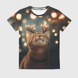 Женская футболка Довольный рыжий котик с рогами из огоньков