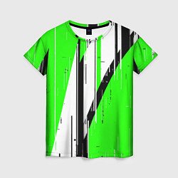 Женская футболка Black and white vertical stripes on a green backgr