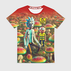 Женская футболка Рик и Морти заблудились в мухоморном поле