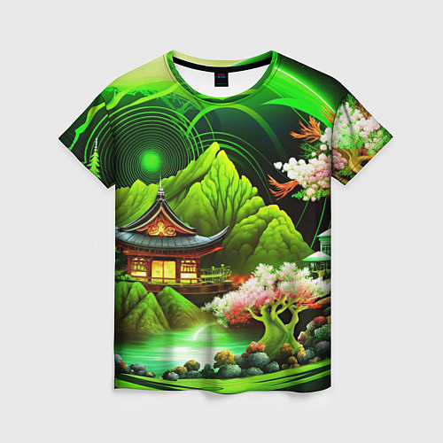 Женская футболка Природа Японии в зеленых цветах / 3D-принт – фото 1