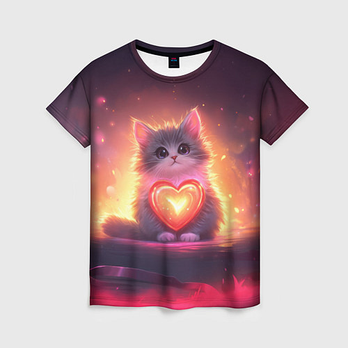 Женская футболка Пушистый котик с сердечком / 3D-принт – фото 1