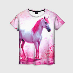 Женская футболка Белая лошадь с розовой гривой
