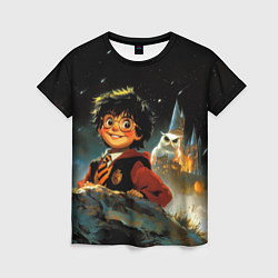 Женская футболка Гарри Поттер на фоне замка