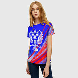 Футболка женская Герб России на фоне цветов флага синий, цвет: 3D-принт — фото 2