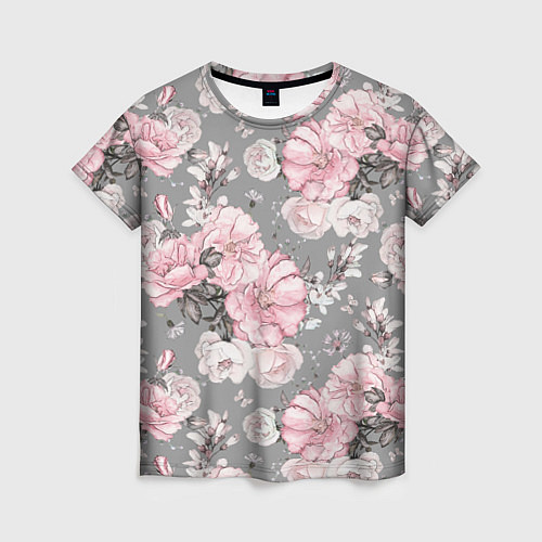 Женская футболка Розовые розы на сером / 3D-принт – фото 1