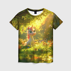 Футболка женская Единорог в летнем лесу, цвет: 3D-принт