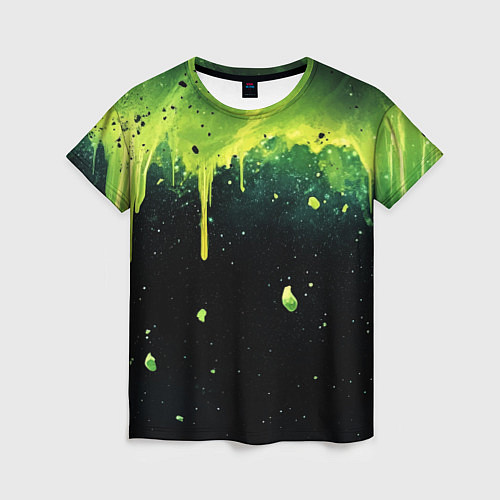 Женская футболка Зеленая стекающая краска по черному фону / 3D-принт – фото 1