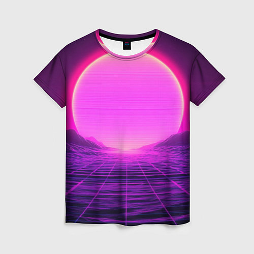 Женская футболка Синтвейв ретровейв неоновый узор и солнце / 3D-принт – фото 1