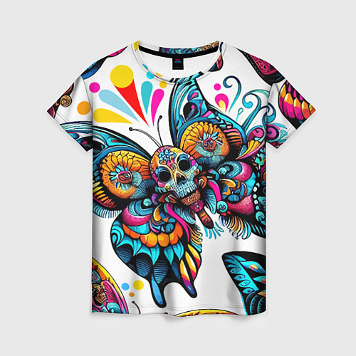 Женская футболка Бабочка и череп - нейроарт паттерн / 3D-принт – фото 1