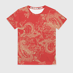 Футболка женская Золотые драконы на красном, цвет: 3D-принт