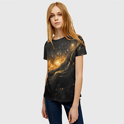 Футболка женская Золотистое сияние на черной текстуре, цвет: 3D-принт — фото 2