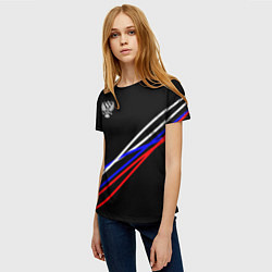 Футболка женская Герб и полосы цветов флага на чёрном, цвет: 3D-принт — фото 2